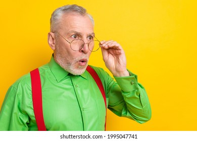 Profile Side Photo Of Aged Man Amazed Shocked Omg Look Empty Space Isolated Over Yellow Color Background