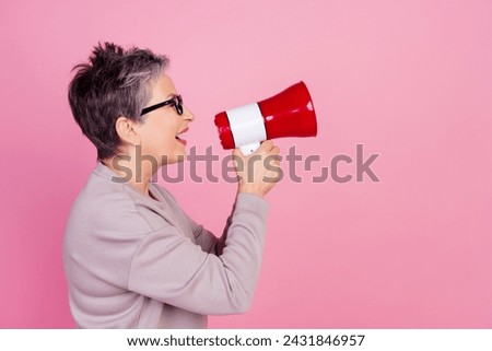 Profile side photo of charming successful woman marketer promoter proclaim seasonal news empty space isolated on pink color background