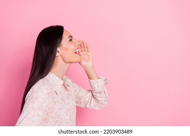 Profile side photo of crazy lady in floral print blouse shout discount advertisement isolated pastel color background - Powered by Shutterstock