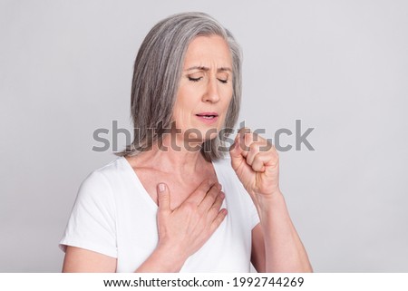 Profile side photo of elderly woman unhealthy coughing flu virus ache pain isolated over grey color background