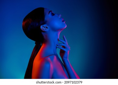 Profile side photo of fancy pretty lady touch finger silky soft neck isolated vivid colorful ultraviolet background