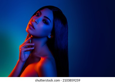 Profile side photo of feminine lady touch finger neck silky soft body isolated colorful ultraviolet background