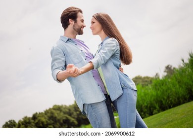 Profile Side Photo Of Good Mood Excited Couple Dancing Love Story Celebrate Anniversary Honeymoon Outdoors