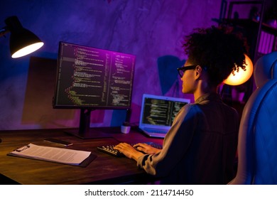 Profile side photo of lady freelancer editor improving operating security error protection use device in workstation evening late