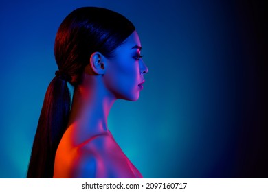 Profile Side Photo Of Magnificent Lady Vogue Disco Look Empty Space Isolated Multicolored Vivid Background