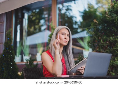 Profile side photo of mature attractive asian woman freelancer serious think writer laptop plan restaurant outdoors