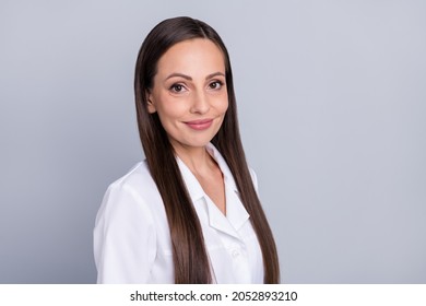 Profile Side Photo Of Mature Attractive Woman Doctor Happy Positive Smile Surgeon Health Care Isolated Over Grey Color Background