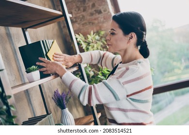 Profile Side Photo Of Mature Lovely Lady Swipe Dust From Book Shelf Housewife Cleaning Service Indoors