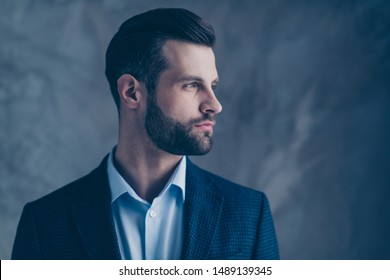 Profile Side Photo Of Minded Classy Person Good-looking Wearing Stylish Blazer Jacket Formal Wear Isolated Over Grey Background