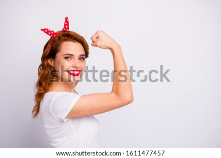 Profile side photo of positive charming woman train fitness gym show triceps hand enjoy her workout effect wear good look clothes isolated over white color background