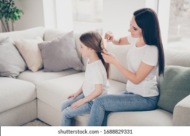 Profile side photo of positive loving happy family mother comb hair her little kid daughter prepare for primary school day sit divan in house indoors - Powered by Shutterstock