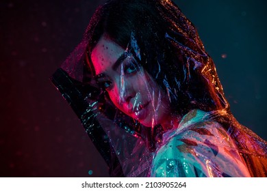 Profile side photo of pretty lady wear rubber hood protect rain downpour outside isolated gradient color background