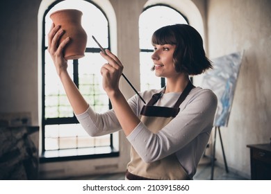 Profile Side Photo Of Self Employed Artist Shop Store Owner Do Order Paint Ornament Crockery Earthenware Vase In Workroom