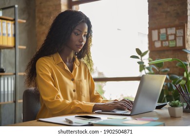Profile side photo of serious dark skin brunette businesswoman typing computer office desk employee indoors in workplace