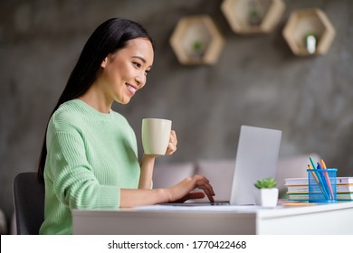 Profile side photo of smart chinese girl ceo expert sit desk work remote laptop texting typing report hold beverage mug in house indoors