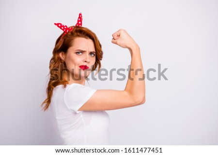 Profile side photo of sportswoman body builder train muscles show muscular body dislike her training effect wear stylish outfit isolated over white color background