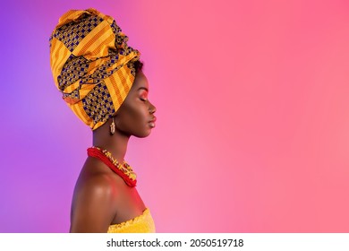 Profile side photo of stunning afro american lady look empty space wear traditional outfit isolated on glow background