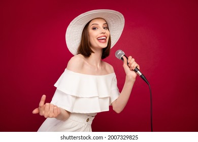 Profile Side Photo Of Young Attractive Woman Happy Positive Smile Sing Microphone Song Isolated Over Red Color Background