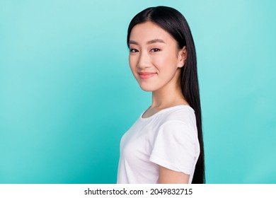 Profile Side Photo Of Young Attractive Asian Girl Happy Positive Smile Isolated Over Turquoise Color Background