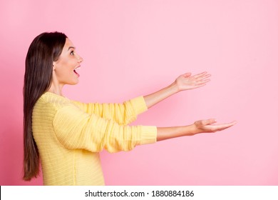 Profile side photo of young beautiful amazed happy shocked girl hold hands catch copyspace isolated on pink color background