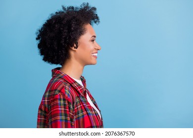 Profile Side Photo Of Young Cheerful Afro Girl Happy Positive Smile Look Empty Space Isolated Over Blue Color Background