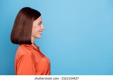 Profile Side Photo Of Young Cheerful Lady Look Empty Space Smart Isolated Over Blue Color Background