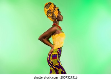 Profile side photo of young dark skin lady look empty space glamour outfit isolated on vivid green color background
