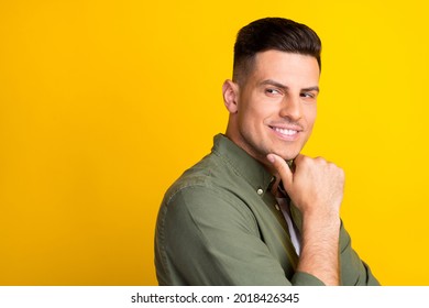 Profile Side Photo Of Young Handsome Man Happy Positive Smile Flirty Look Empty Space Isolated Over Yellow Color Background