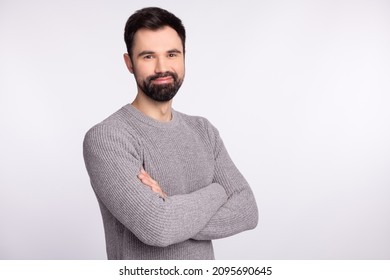 Profile Side Photo Of Young Handsome Man Crossed Hands Clever Financier Isolated Over Grey Color Background