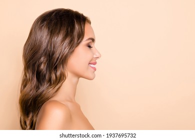 Profile Side Photo Of Young Happy Cheerful Beautiful Woman With Closed Eyes Dreaming Isolated On Pastel Color Background