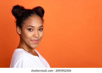 Profile Side Photo Of Young Lovely African Woman Confident Smart Isolated Over Orange Color Background