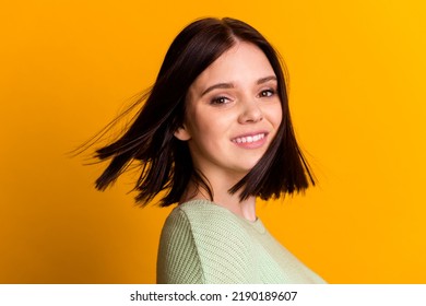 Profile Side Photo Of Young Lovely Girl Fly Wind Hair Conditioner Haircare Isolated On Yellow Color Background.