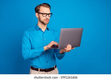 Profile Side Photo Of Young Man Chat Type Email Laptop Focused Serious Isolated Over Blue Color Background