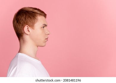 Profile Side Photo Of Young Man Serious Clever Look Empty Space Ginger Hair Isolated Over Pink Color Background