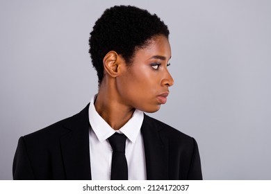 Profile Side Photo Of Young Man Woman Look Empty Space Skin Care Isolated Over Grey Color Background