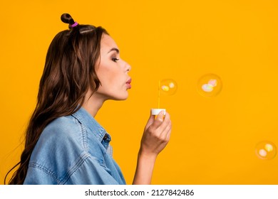 Profile side photo of young pretty woman blow bubbles free-time isolated over yellow color background
