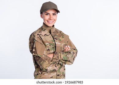 Profile Side Photo Of Young Woman Happy Smile Soldier Army Officer Crossed Hands Uniform Isolated Over White Color Background