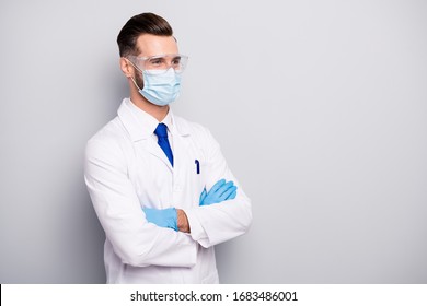 Profile Side Portrait Of His He Nice Attractive Cheerful Experienced Doc Scientist Dentist Surgeon Apothecary Physicist Folded Arms Isolated On Light White Gray Pastel Color Background