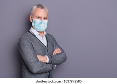 Profile Side Portrait Of Top Manager Financier Business Shark Banker Folded Arms Wear Mask Isolated Over Gray Pastel Background