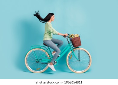 Profile Side View Of Attractive Cheerful Girl Riding Bike Having Fun Air Blowing Hair Isolated Over Bright Blue Color Background