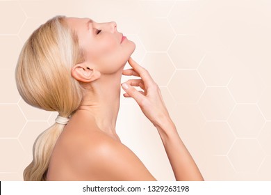 Profile Side View Half Face Portrait Of Nice Attractive Nude Naked Woman Perfect Smooth Soft Smooth Neck Lifting Massage Facial Recovery Closed Eyes Isolated Over Beige Pastel Background