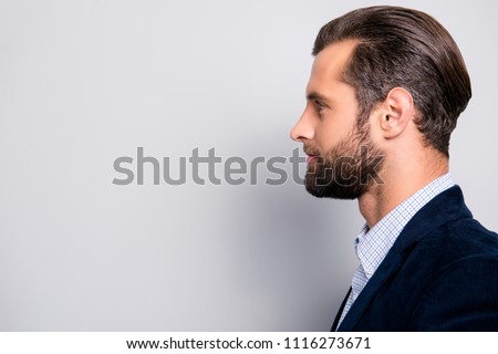 Profile side view half-faced portrait of attractive groomed elegant dreamy successful stunning chic freelancer, dark blue velvet blazer checkered shirt, isolated on gray background copy-space