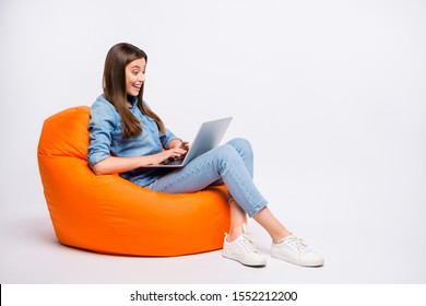 Profile side view of her she nice attractive lovely charming cheerful cheery girl sitting in bag chair using laptop isolated over light white color background - Powered by Shutterstock