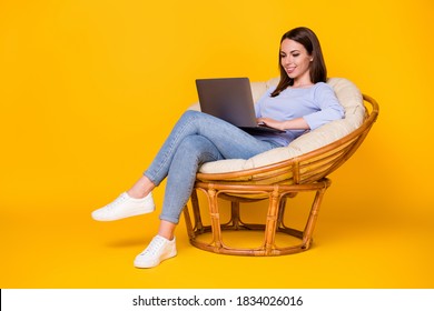 Profile side view of her she nice attractive pretty focused smart cheerful girl sitting in wicker chair working laptop remote client support isolated bright vivid shine vibrant yellow color background