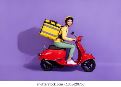 Profile side view of her she nice attractive cheerful girl riding bike delivering, bringing cafe food order fast speed express isolated bright vivid shine vibrant lilac violet purple color background
