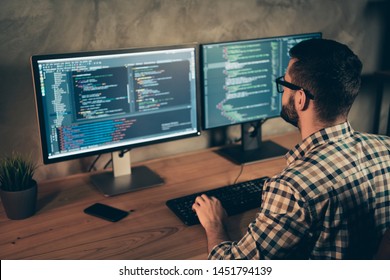Profile side view of his he nice bearded guy wearing checked shirt professional expert html data base structure screen at wooden industrial interior work place station - Shutterstock ID 1451794139