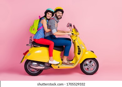 Profile Side View Of His He Her She Nice Attractive Cheerful Cheery Confident Couple Driving Moped Exploring World City Traveling Abroad Eco Journey Isolated Over Pink Pastel Color Background