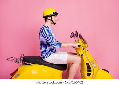 Profile Side View Of His He Nice Attractive Handsome Focused Concentrated Guy Seriously Driving Moped Traveling Abroad Leasing Isolated Over Pink Pastel Color Background