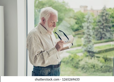 Profile Side View Of Nice Focused Sad Tired Bored Stylish Old Man Near Window Wearing Checked Shirt Reading Modern Book In White Light Modern Interior