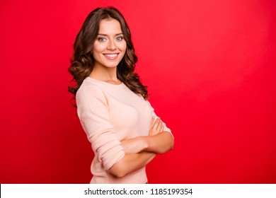 Profile Side View Photo Of Fold Cross Hands Over Chest Person, Stand Half Turn In Casual Wear Isolated On Bright Red Background With Copy Space For Text